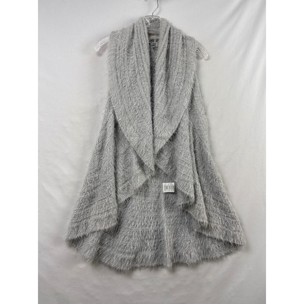 Ryu Crochet Back Eyelash Knit Vest Women M/L Gray Draped Open Front Cardigan